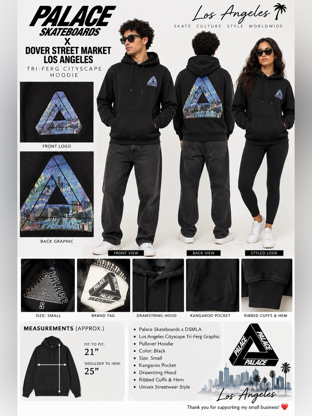 Palace Skateboard x DSMLA Black Hoodie with LA Cityscape Graphic Men’s Small